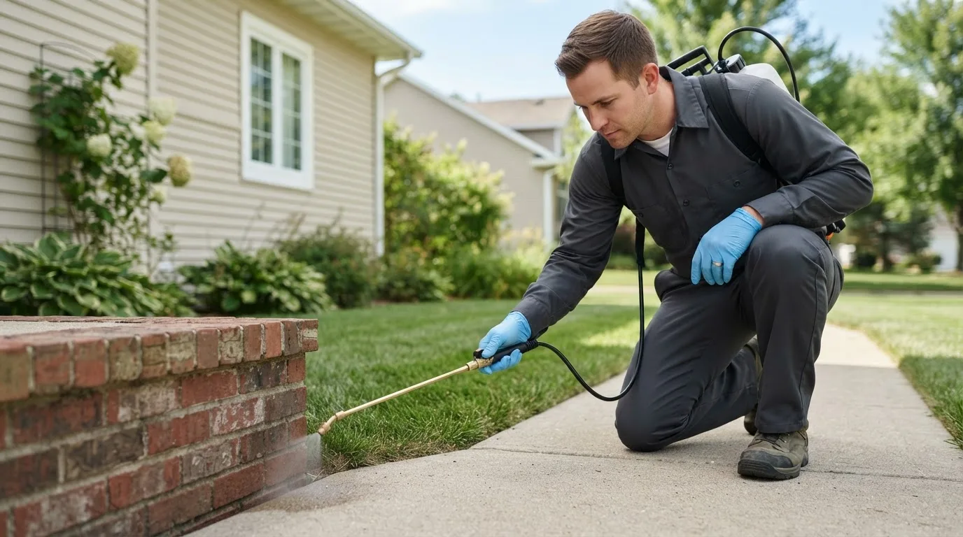 Pest control technician treating a home near Wilton, CT