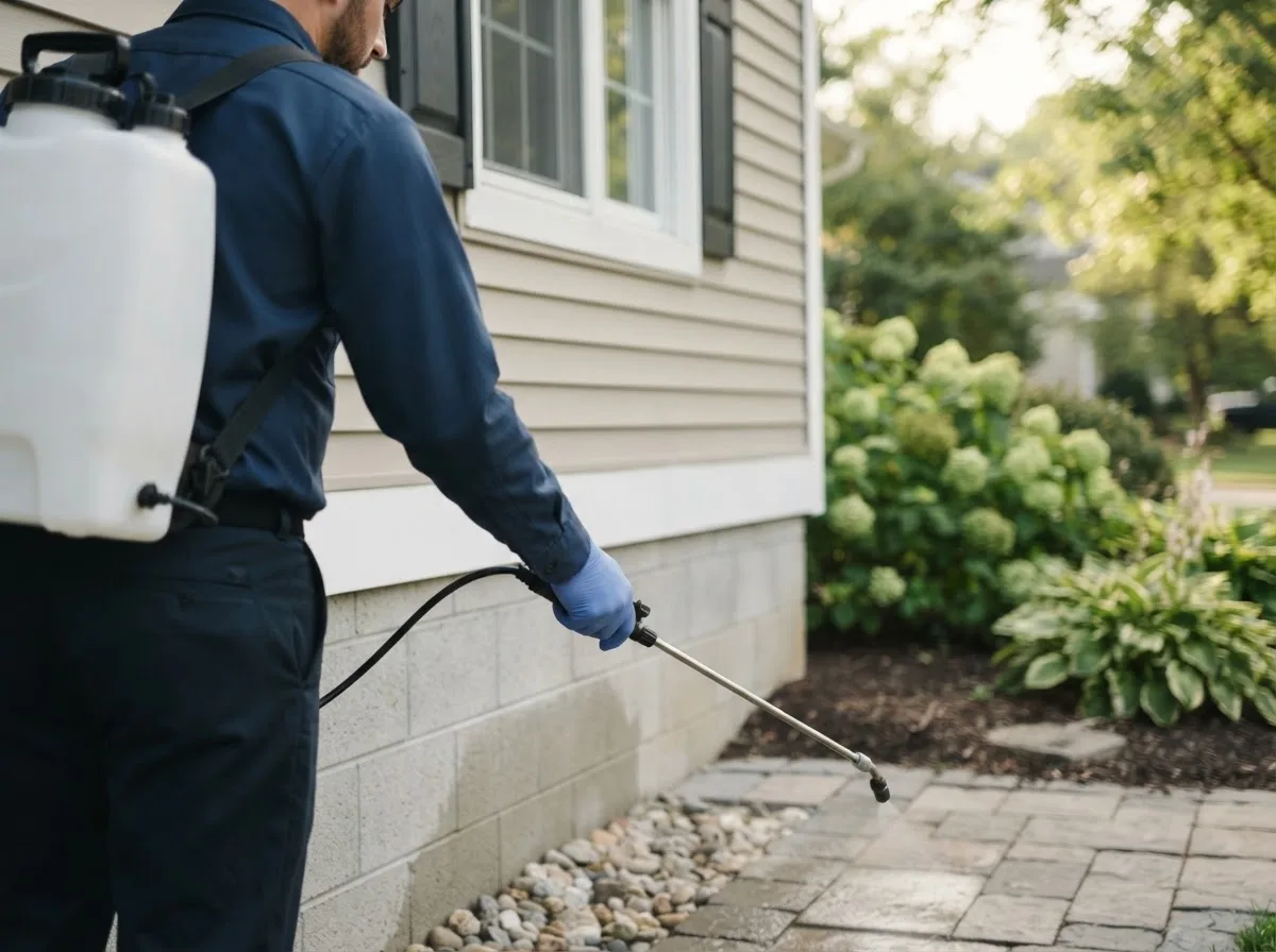 Pest control technician inspecting a home in Wilton, CT